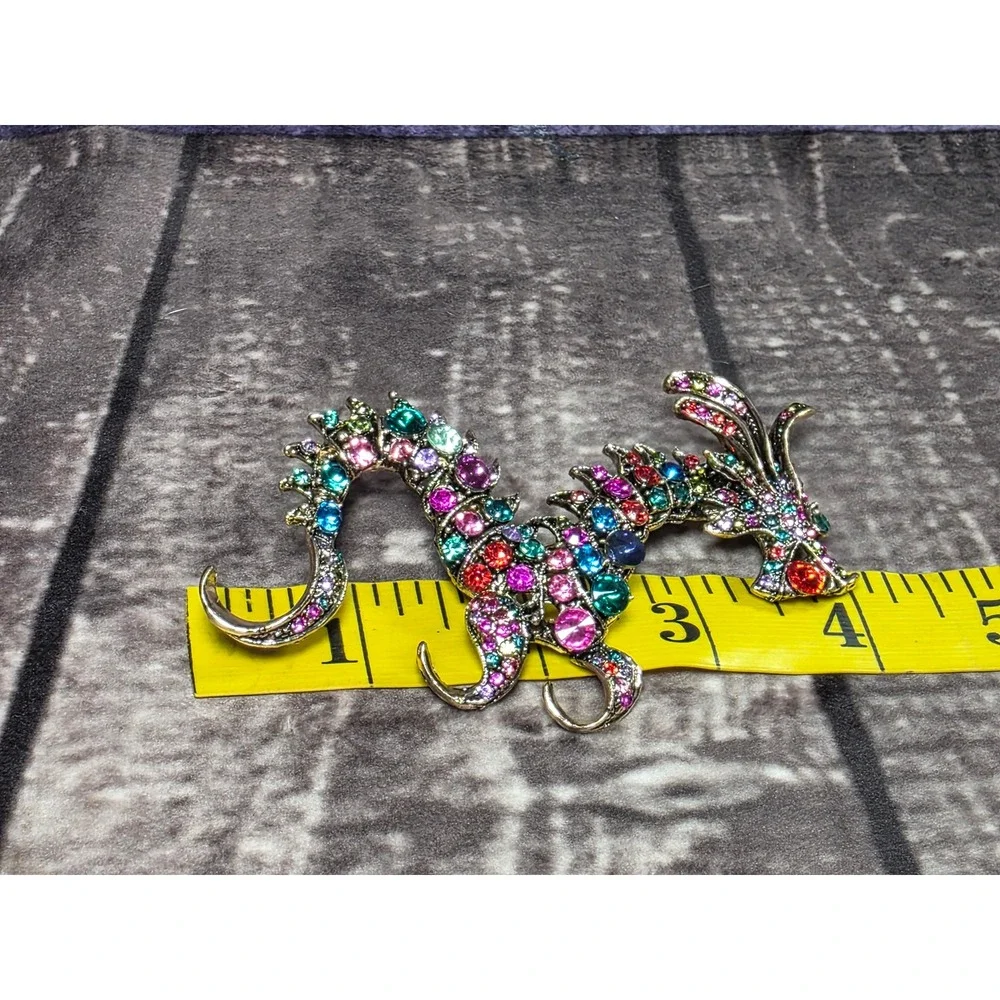 Multicolor Rhinestone Dragon Brooch Antique‎ Gold Tone Crystal Mythical Pin 4 In